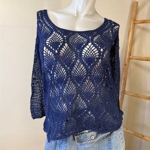 CASA DEL CROCHET TRINIDAD de CUBA Navy Blue Crochet Knit Top NWT ONE SIZE